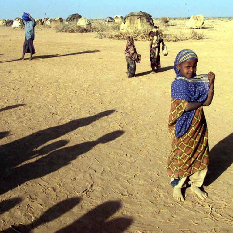 Eine Wüstenlandschaft. Ein kleines Mädchen steht im Vordergrund, im Hintergrund stehen kleine Strohhütten. (Foto: dpa Bildfunk, Foto: Joel Robine)