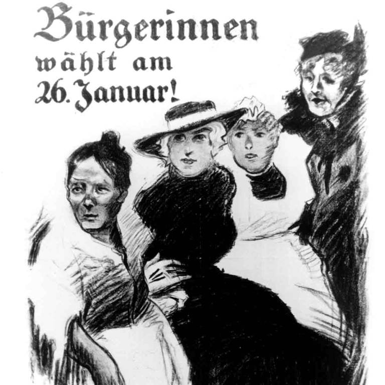 Das Plakat der Deutschen Demokratischen Partei für die Wahlen zur Preußischen Landesversammlung am 26. Januar 1919 fordert die Bürgerinnen auf, zur Wahl zu gehen. (Foto: dpa Bildfunk, Picture Alliance)